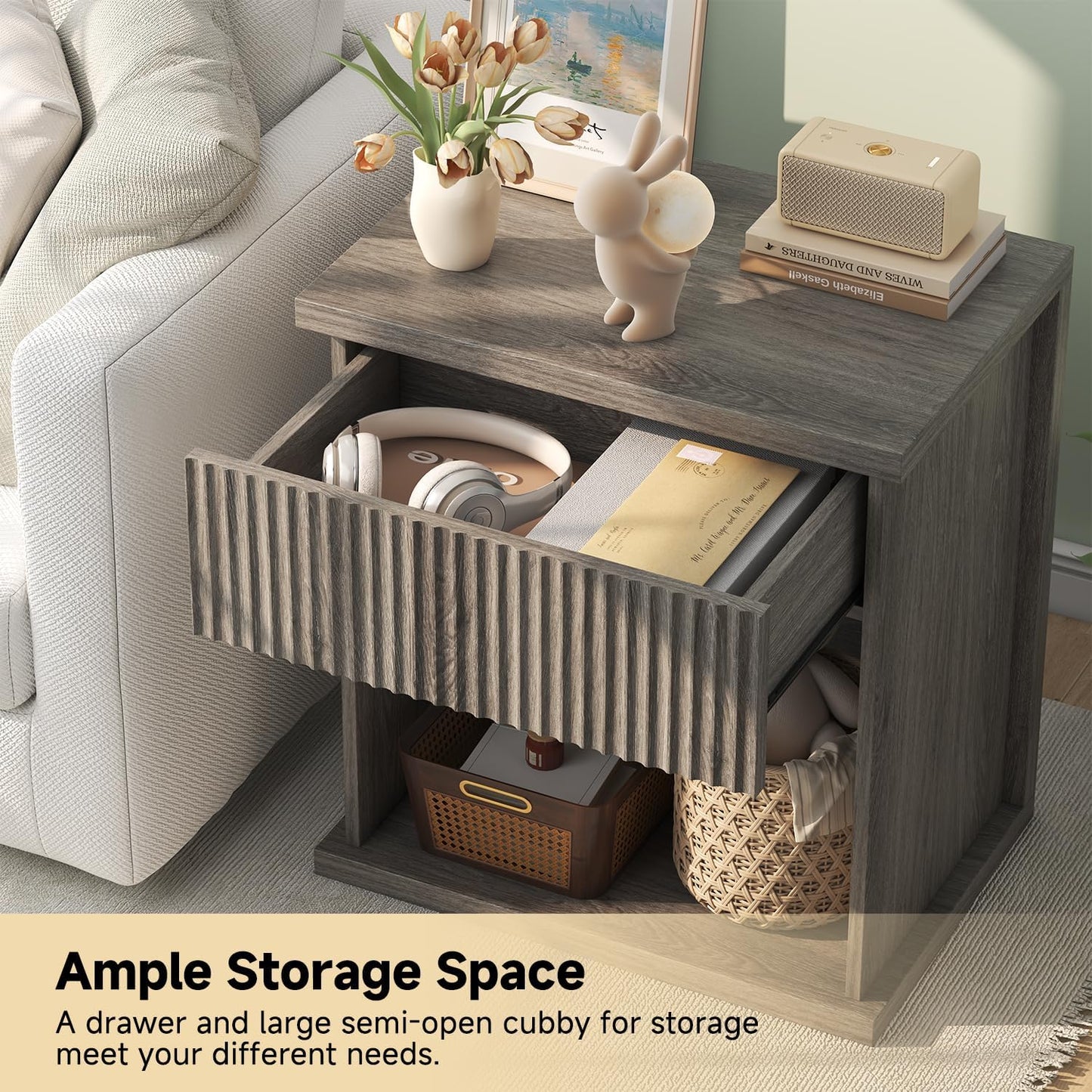 Fluted Nightstand, 22.8" Wide Nightstands with Drawer Storage Large Wood BedsideTable Night Stand for Bedroom, Grey Oak