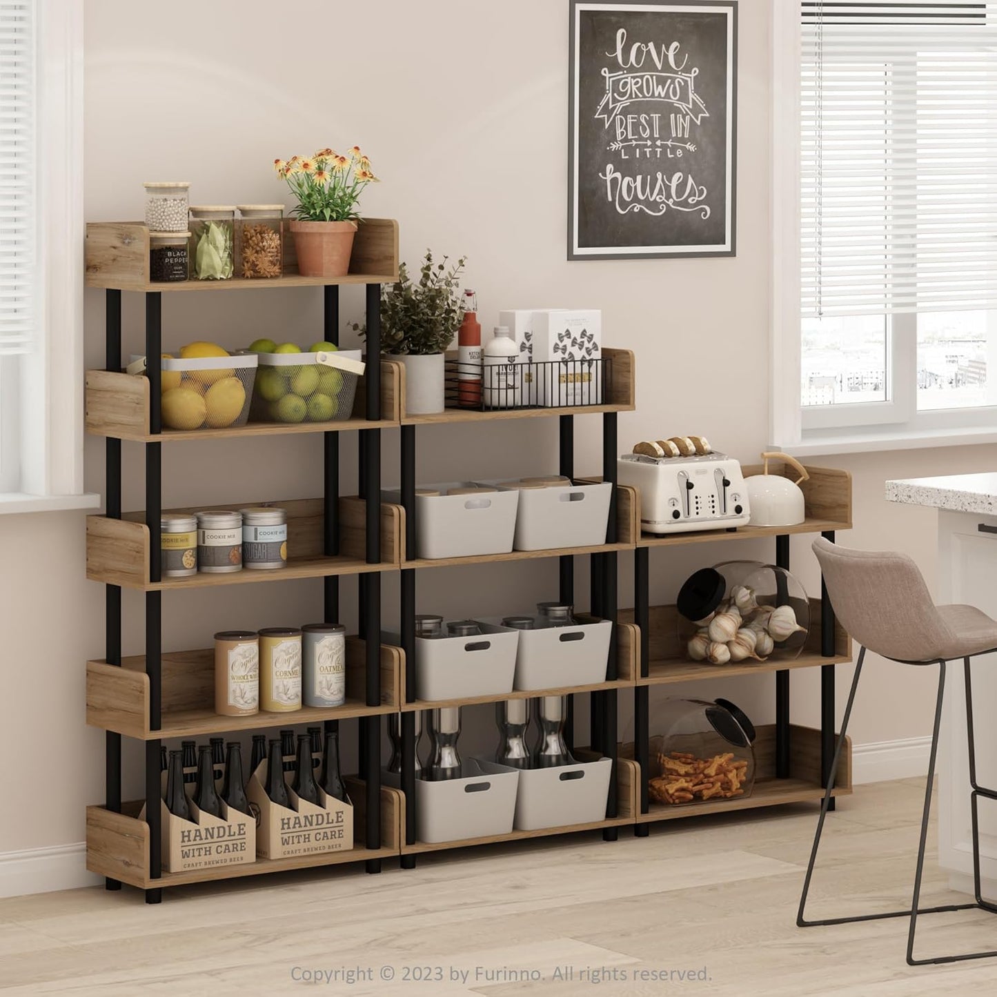 Furinno Turn-N-Tube 5-Tier Multipurposes Display Rack, Open Shelf Rack/Storage with back & side panel, Flagstaff Oak/Black