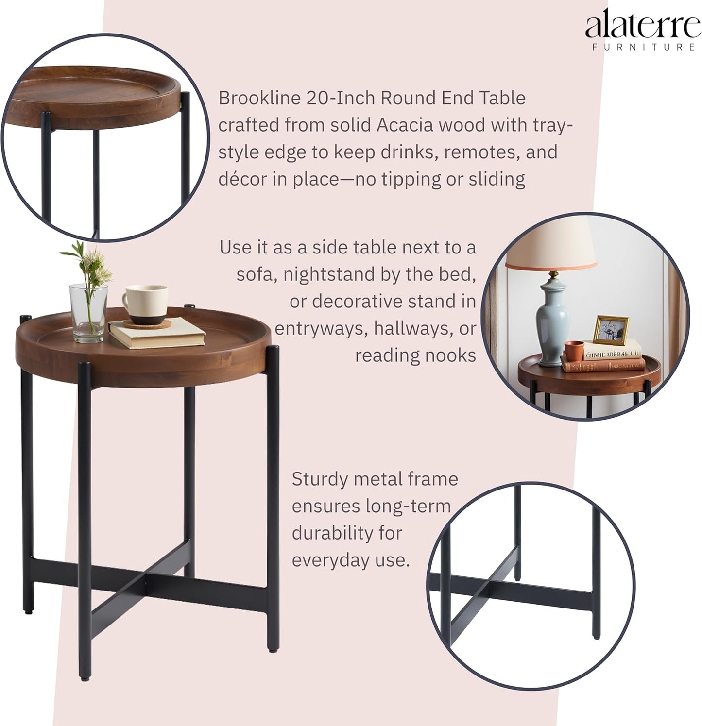 Alaterre Furniture Brookline 20" Round Wood End Table – Solid Top with Tray Edge and Black Metal Legs – Rustic Farmhouse Accent Table for Living Room, Bedroom, or Small Spaces (Medium Chestnut)