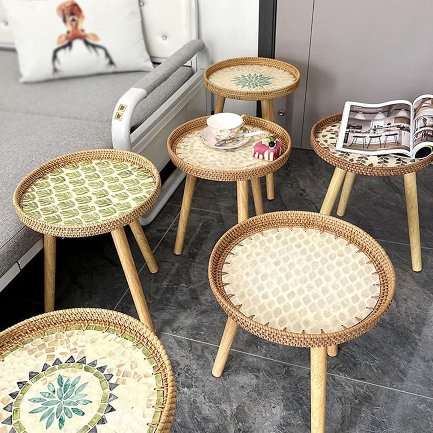 Rattan Round Side Table, Handmade Rattan Tray with 3 Legs, Mother of Pearls Inlay Coffee/Accent Table, Round End/Side Tables for Living Room, Bedrooms, Pedestal Plant Stand for Balcony