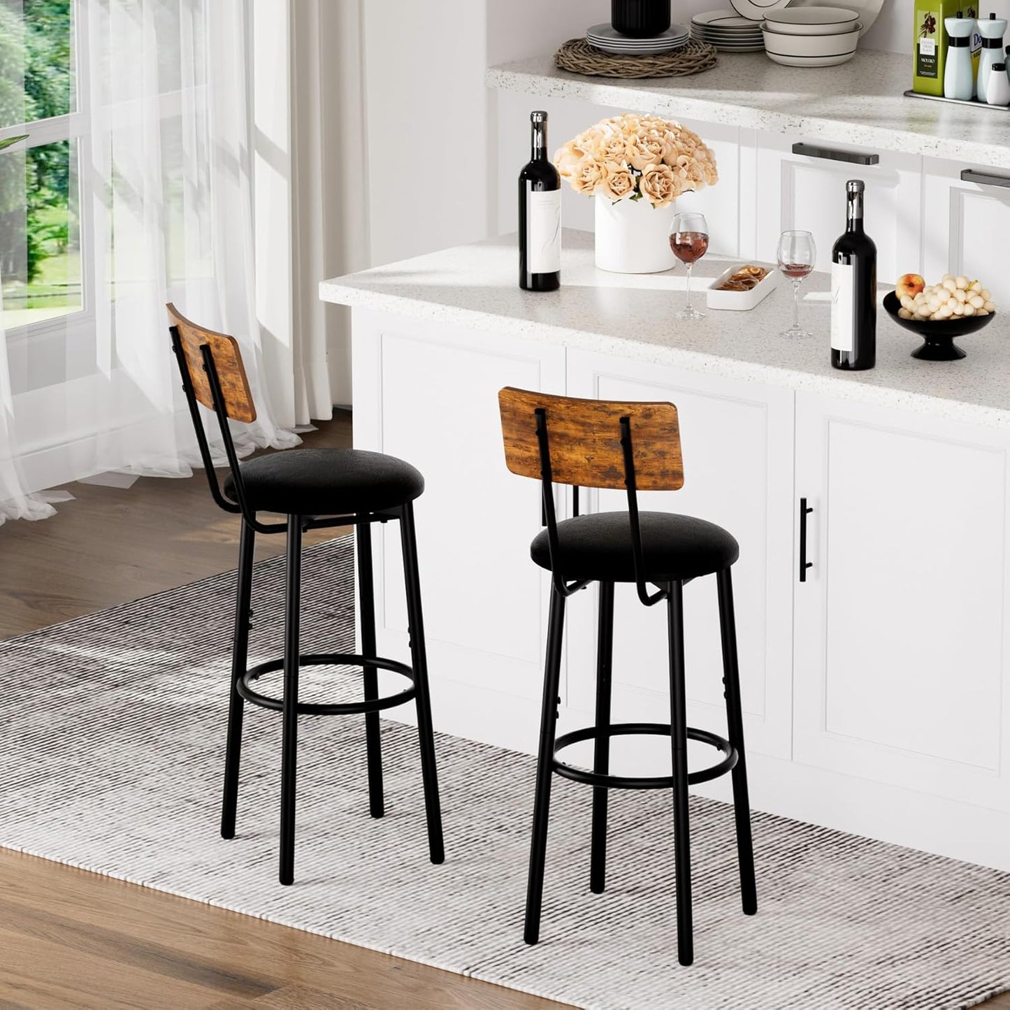 Bar Stools with Back, High Kitchen Barstools with Back, Counter Stools Bar Chairs with Backrest, Footrest, Industrial Seat for Dining Room Kitchen Bar (Rustic Brown and Black) BS-003RBV1