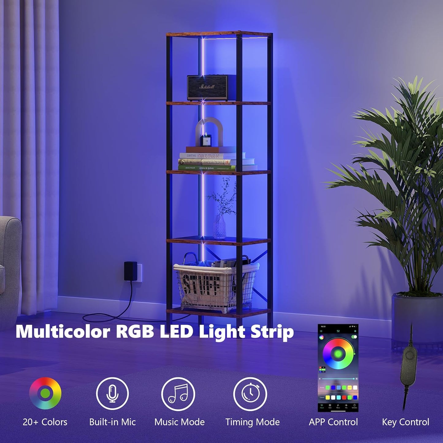 5-Tier Bookshelf, Tall Narrow Bookcase with LED Lights, Book Shelf with Steel Frame, Office Furniture, Display Storage Shelf for Living Room, Bedroom, Study, Balcony, Rustic Brown