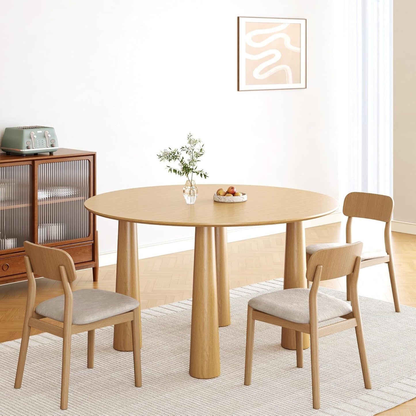 Casaphoria 52" Round Dining Table, Kitchen Table for 6 with Arc-Shaped Edge Top and Cylindrical Legs, Easy Assembly for Living Room, Dining Room, Oak