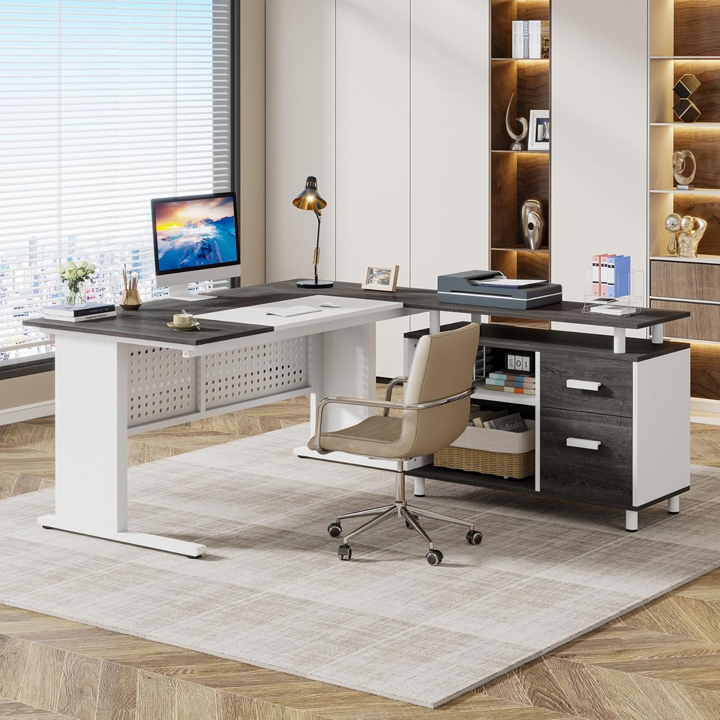 Tribesigns 63 Inch Executive Desk with File Cabinet, L Shaped Office Desk with Drawers and Storage Shelves, Business Furniture Set Workstation for Home Office, Gray and White