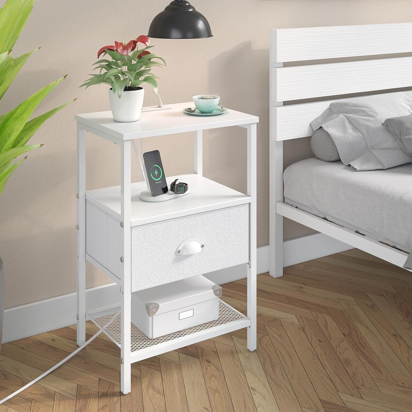 Nightstands Set of 2, Night Stands with Charging Station and Fabric Drawer PU Finish, Bedside Tables with Storage, 3 Tier Side Table with Open Shelf, Nightstands with Charging Station,White