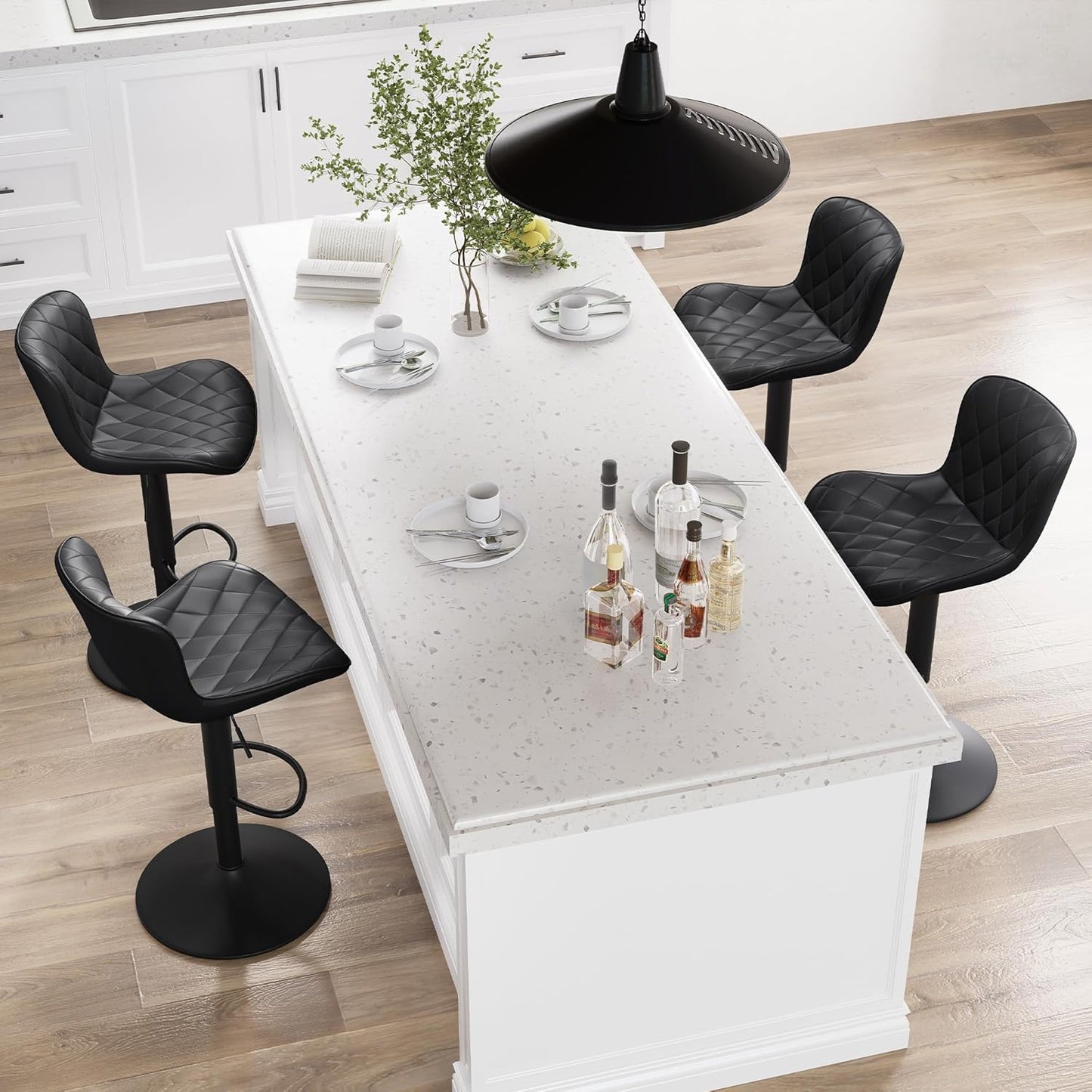 YOUNUOKE Bar Stools Set of 2 Faux Leather Barstools with Back Modern Swivel Counter Height Stool Adjustable High Bar Chairs for Kitchen Islands, Black