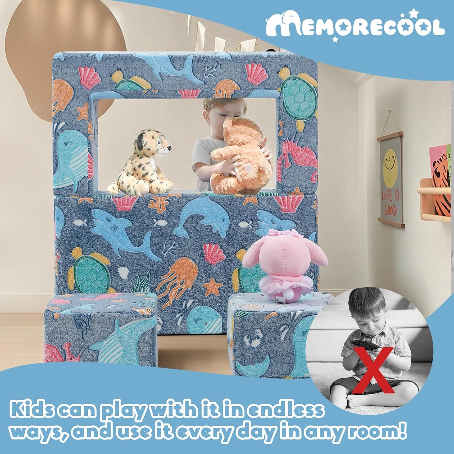 MeMoreCool Modular Kids Couch, Glow Play Toddler Couch for Bedroom Playroom, Convertible Foam Kids Sofa Bed, Fold Out Baby Sofa for Girl Boy