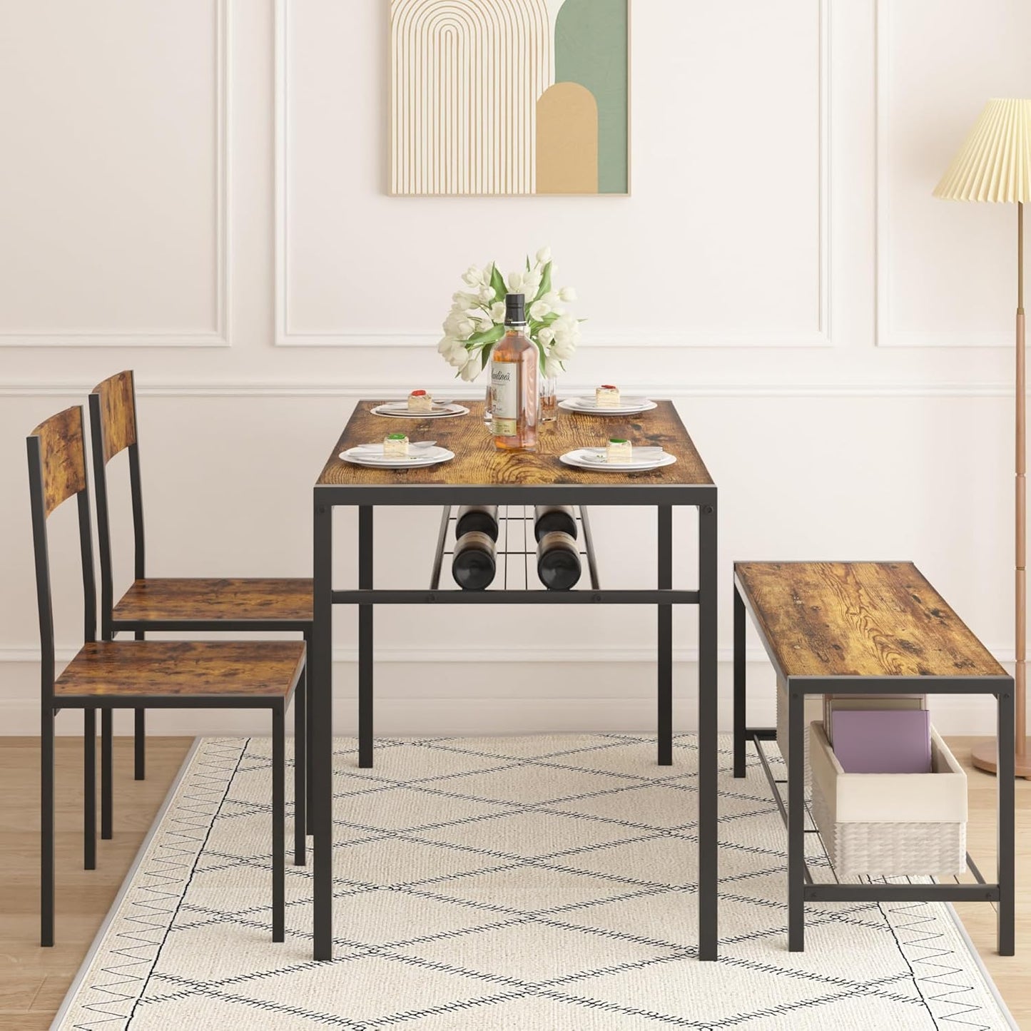 VECELO Kitchen Dining Room Table with 2 Chairs & Bench, Compact Space-Saving Design, Easy Assembly Steel Frame, Perfect for Small Apartments & Breakfast Nooks，Industrial