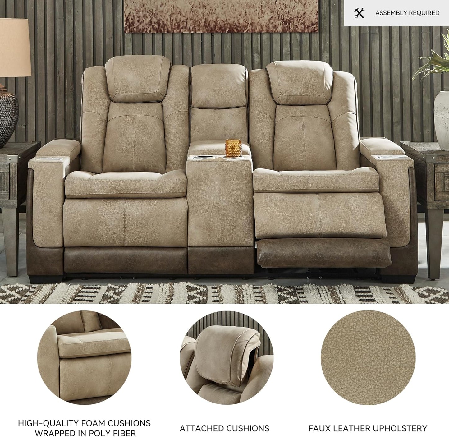 Signature Design by Ashley Next-Gen DuraPella Power Reclining Loveseat with Console & Adjustable Headrest, Sand