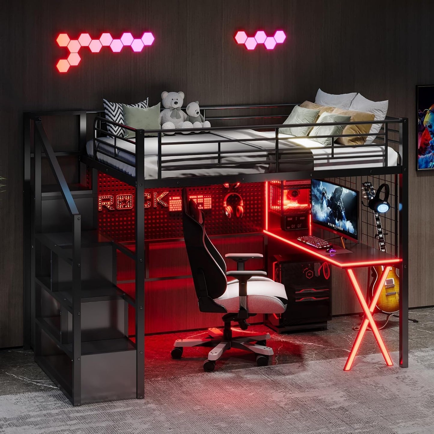 Merax Full Size Metal Loft Bed with Built-in Work Station, Wardrobe, Storage Staircase and LED, Gaming Bed for Kids Teens Adults, Full-Length Guardrails, No Box Spring Needed, Black