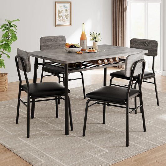5-Piece Dining Table Set for 4, Wood Kitchen with Built-in Storage Rack, Small Kitchen Table with Upholstered Chairs and Metal Frame for Small Spaces, Gray