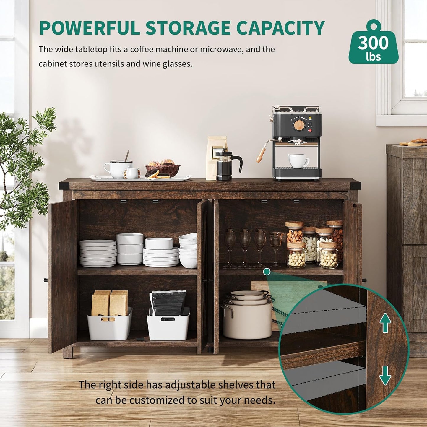 YITAHOME 55'' Buffet Cabinet with Storage, Farmhouse Sideboard Cabinet Coffee Bar Cabinets with Barn Doors ＆ Adjustable Shelves for Kitchen, Living Room, Brown