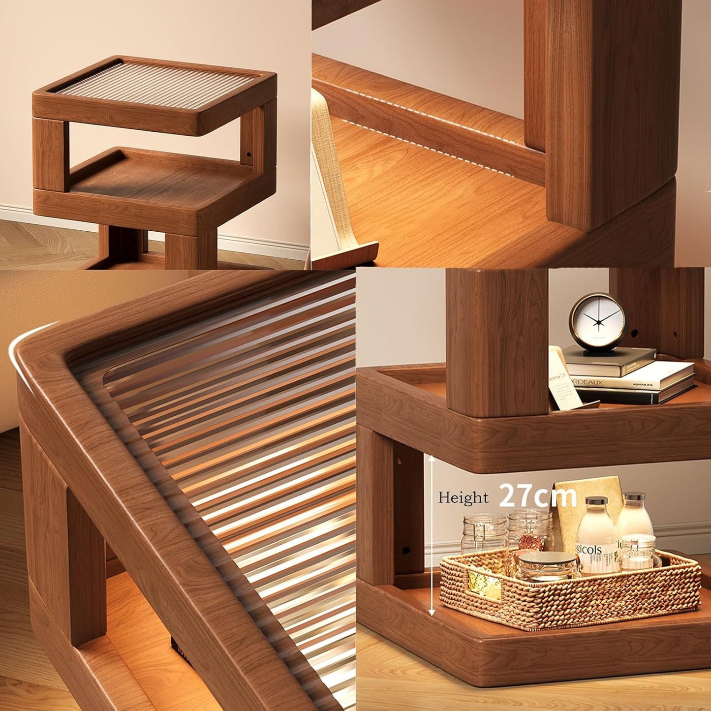 Solid Wood Nightstand,End Tables Bedroom Small Shelf Modern Nightstand Wood Side Table (GLASS-21.3 * 17.7 * 17.7)