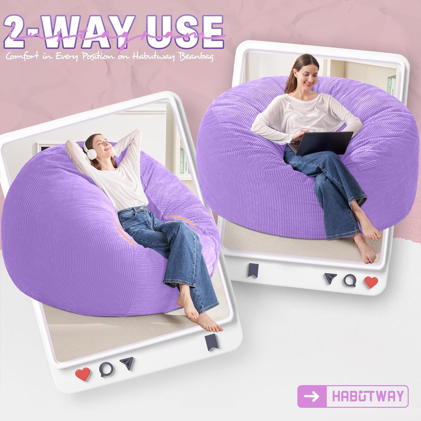 HABUTWAY 6FT Bean Bag Chair,Giant Bean Bag Chairs for Adults,Big Bean Bags with Memory Foam Filled, Large Beanbag Chairs with Soft Corduroy Cover-Purple