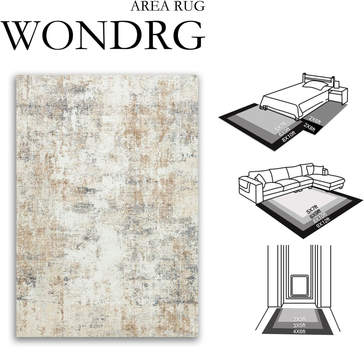 10x12 Washable Area Rug Gold Grey Neutral Abstract Living Room Bedroom Large Throw Rug Non Slip Soft Low Pile Indoor Floor Carpet for Dining Room Kitchen Office Entryway