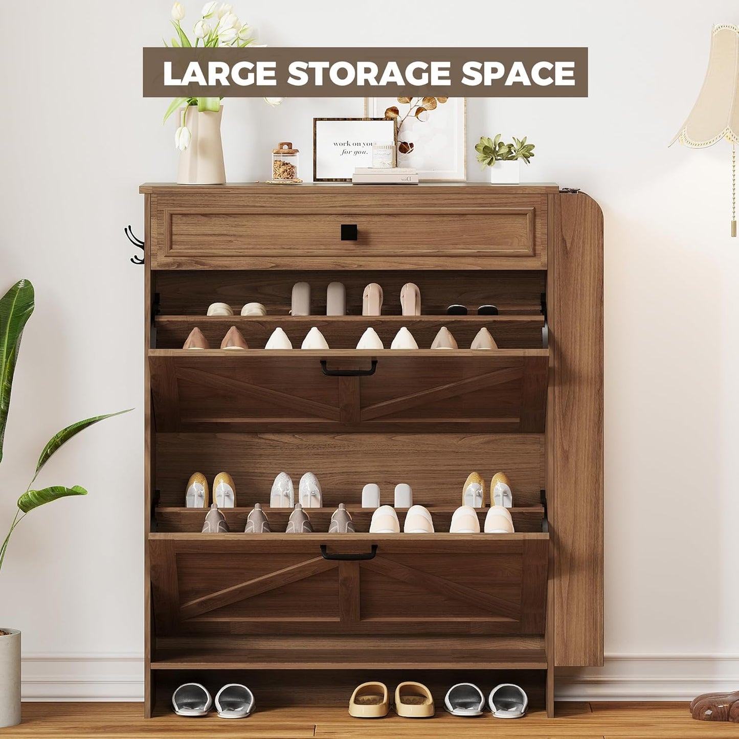 IRONCK Shoe Storage Cabinet with 2 Flip Drawers & Barn Door Design, Freestanding Shoe Cabinet Organizer with Drawer and Shelves for Entryway, Farmhouse Shoe Rack Cabinet,Dark Walnut