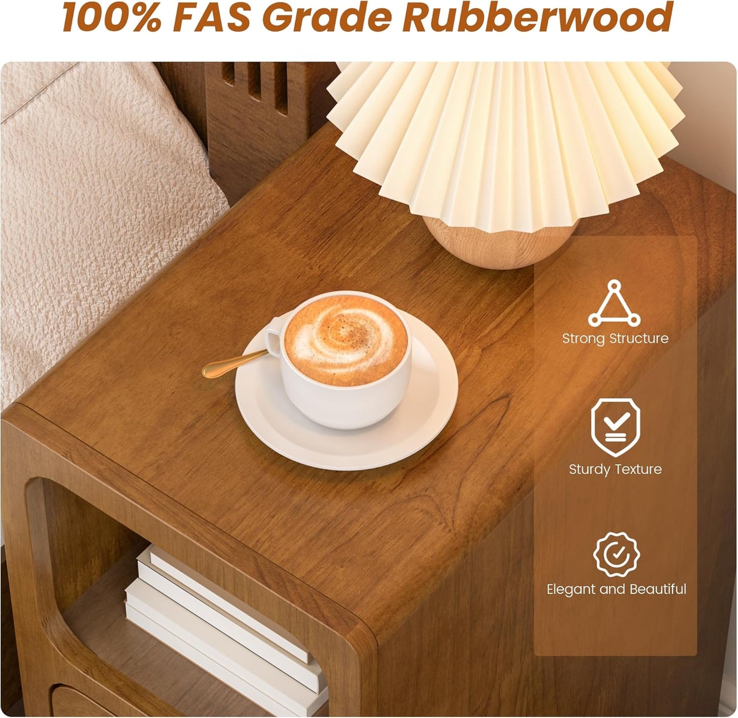 Small Nightstand, Narrow Tall Beside Table with 2 Drawers and Open Shelf, Walnut Solid Wood Night Stand, Mid Century Modern Nightstand for Bedroom (10 inch)