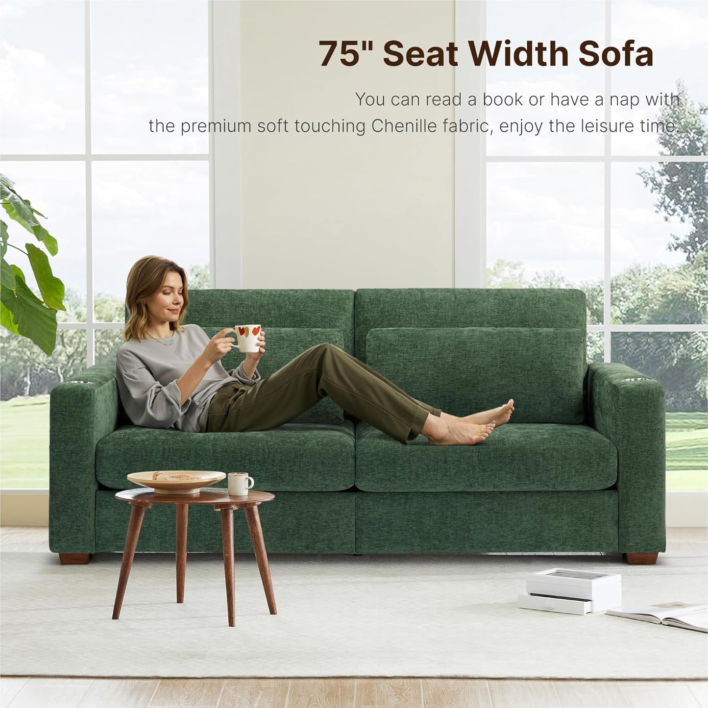 89" Sofa Couch for Living Room Chenille Upholstered Couch with Deep Seats and Wide Armrests 3 Seater Comfy Sofa with Cup Holders, USB & Type-C Ports, Spring Cushion, Solid Wood Frame Green