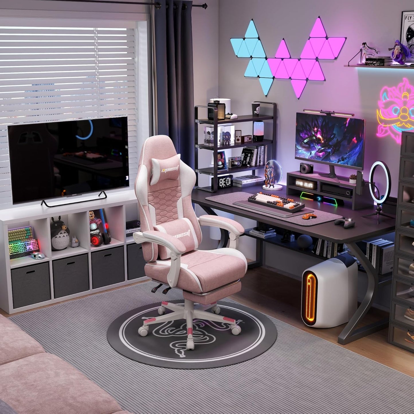 Gaming Chair, Computer Chairs for Adults with Lumbar Support and Massager, Comfortable Gamer Chair with Footrest & Pocket Spring Cushion, Ergonomic Home Office Chair, Pink, Fabric