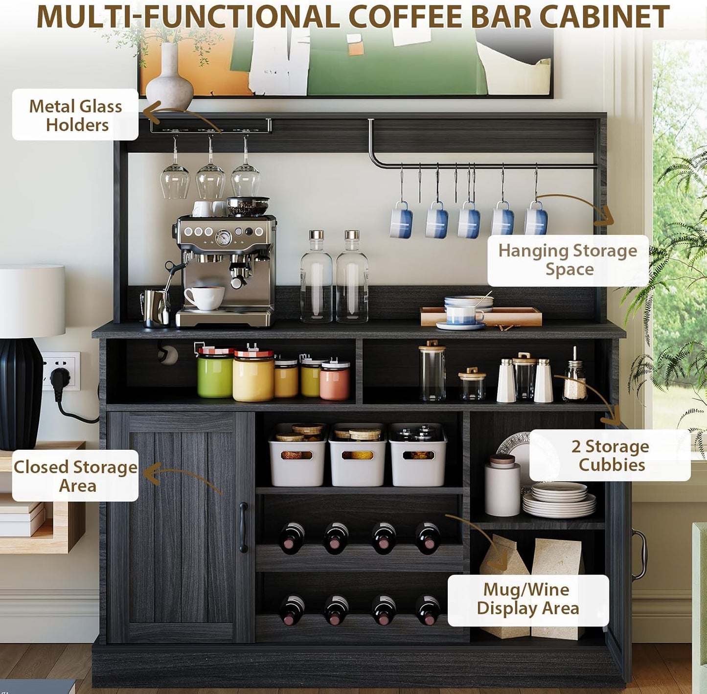 47" Farmhouse Buffet Sideboard Cabinet with Power Outlets Coffee Bar Cabinet with Storage, Large Buffet Storage Cabinet Table with Wine Racks, Goblet Holder, Hooks for Kitchen, Dining Room, Grey