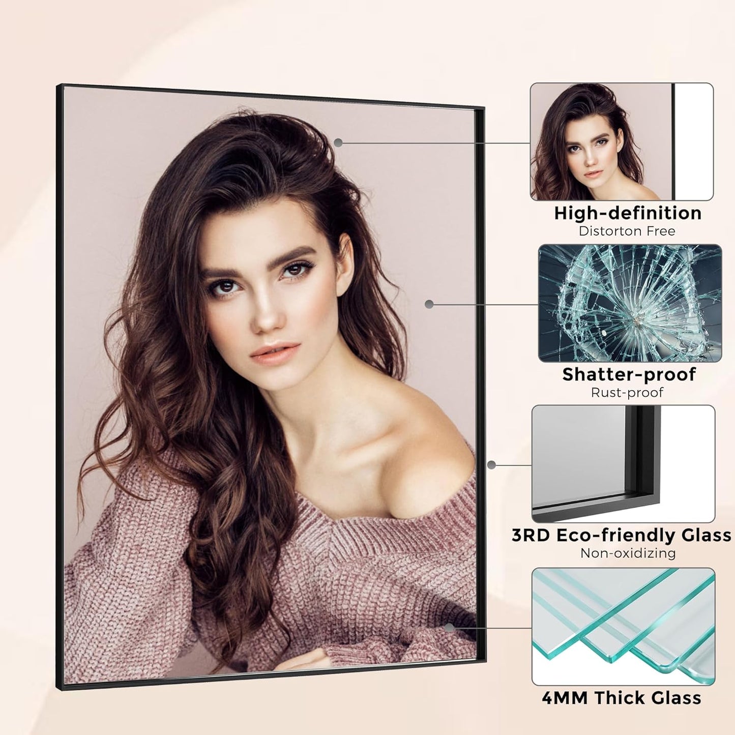 24x40 Inch Black Bathroom Mirror for Wall, Aluminum Frame Rectangle Rectangular Vanity Mirror, Modern Large for Bedroom, Living Room, Horizontal or Vertical