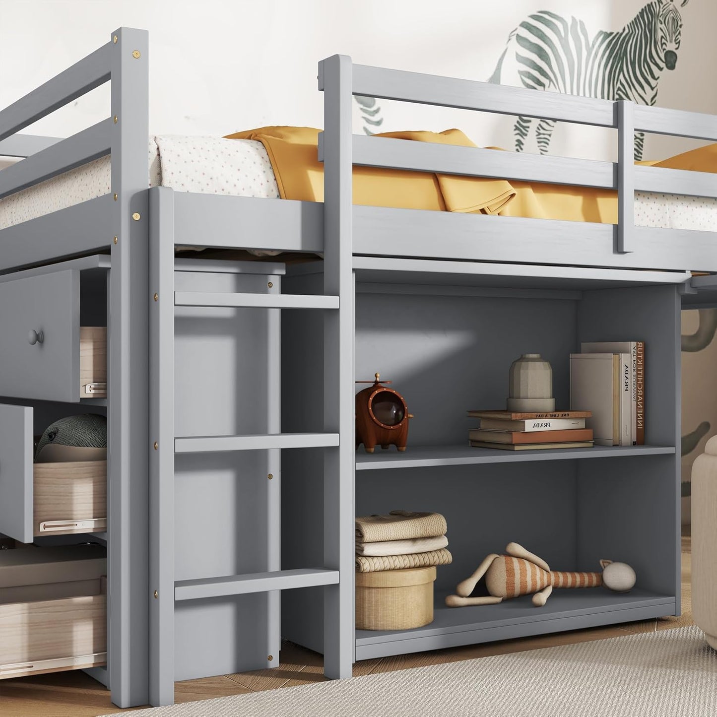 KEIKI Twin Size loft Bed with Pull-Out Desk & Drawers & Open Shelves, Wood Loft Bed with Guardrail, Low Twin Bed for Kids, Grey