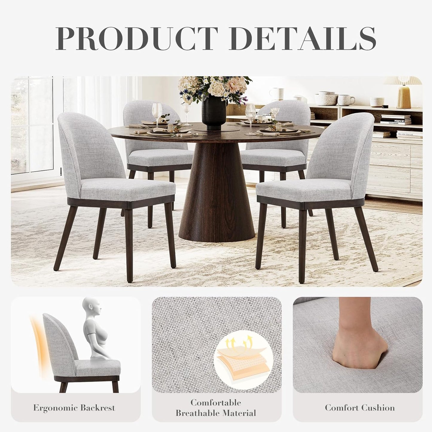 COLAMY Upholstered Dining Chairs Set of 4, Wooden Kitchen Chairs with Open Back, Modern Dining Room Chairs with Wood Frame, Dinner Side Chairs for Dining Room Kitchen Restaurant, Dark Grey