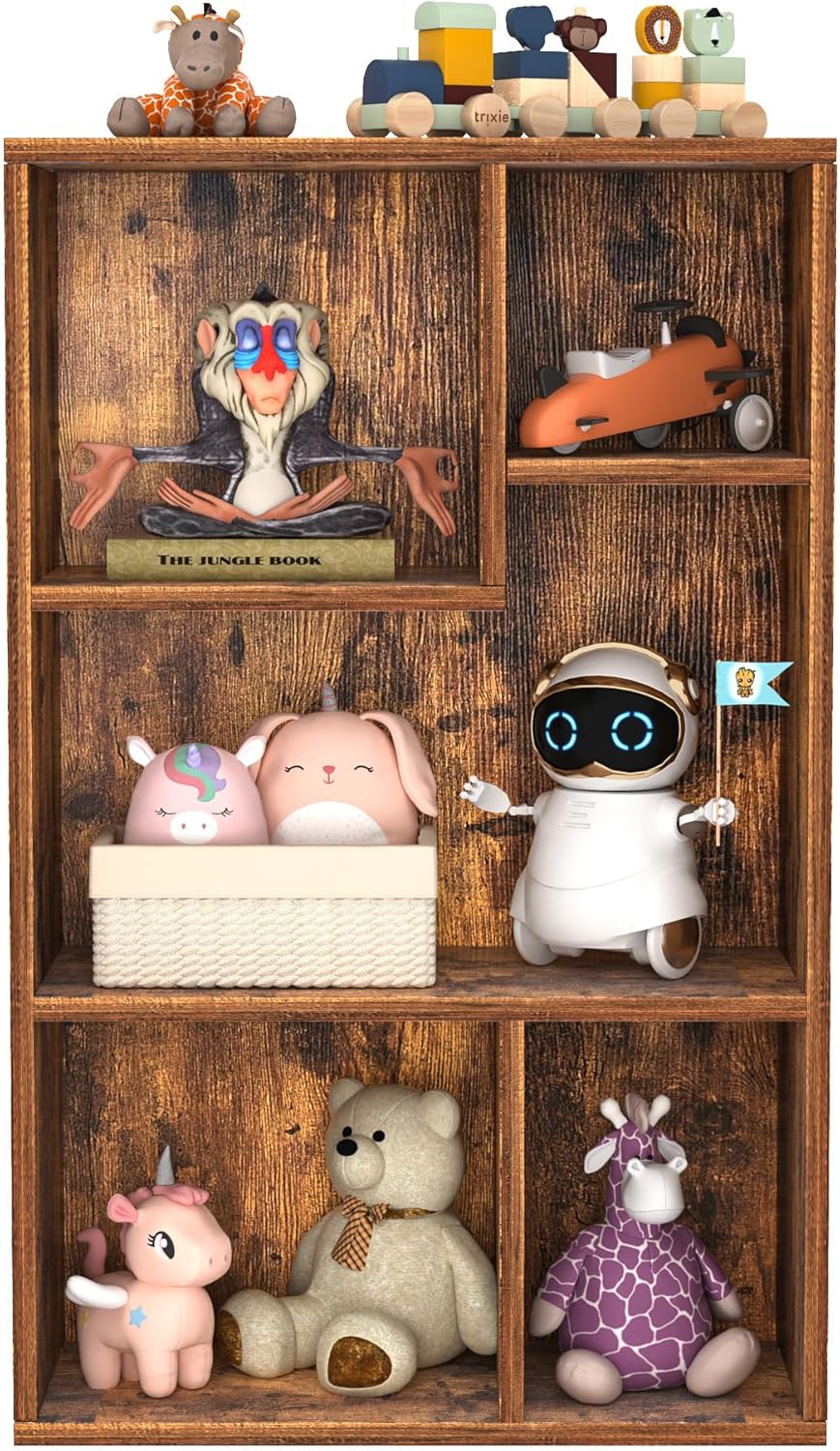 VECELO Modern Bookshelf, 5 Cube Shelf, Fits Tallest Hardcovers, Horizontal Available, Storage Organzier for Home Office, Vintage Brown