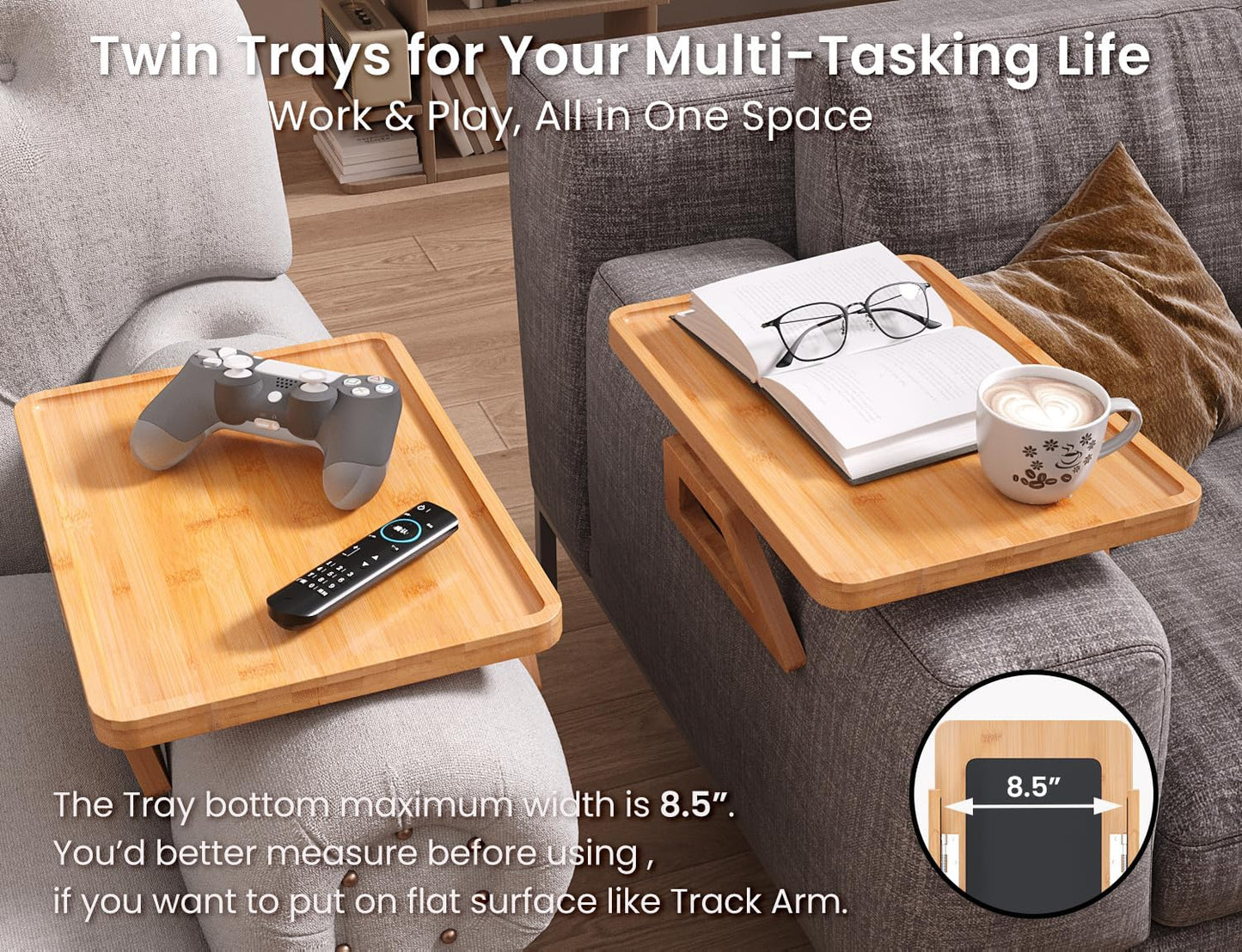 2 Pack Couch Arm Tray,Bamboo Folding Sofa Tray,Sofa Armrest Trays Clip-On Couch Desk for Drinks,Snacks,Phone,Remote Control（Natural）