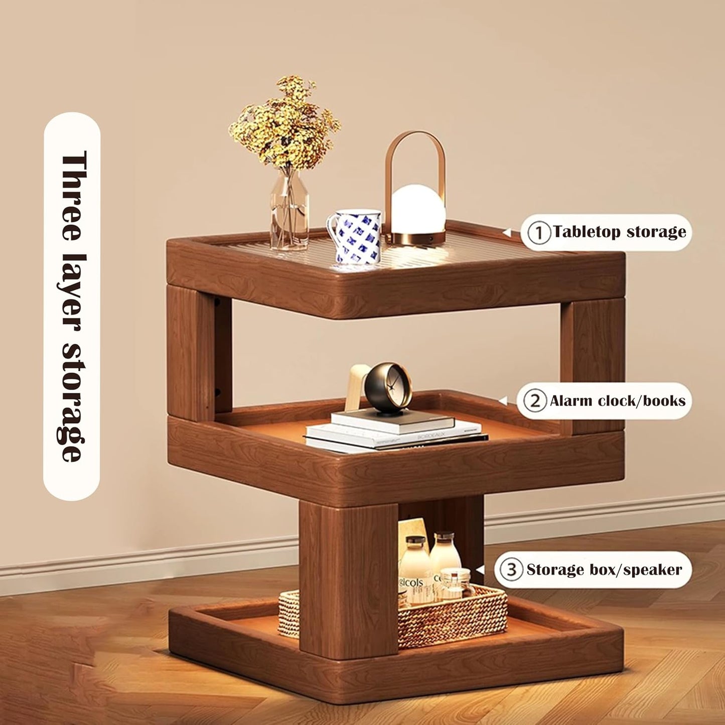 Nightstand Bedside Table with 3-Tier Storage, Modern Solid Rubberwood End Side Table for Bedroom Living Room,Original Wood Color Walnut (13.7" D x 13.7" W x 21.2" H)