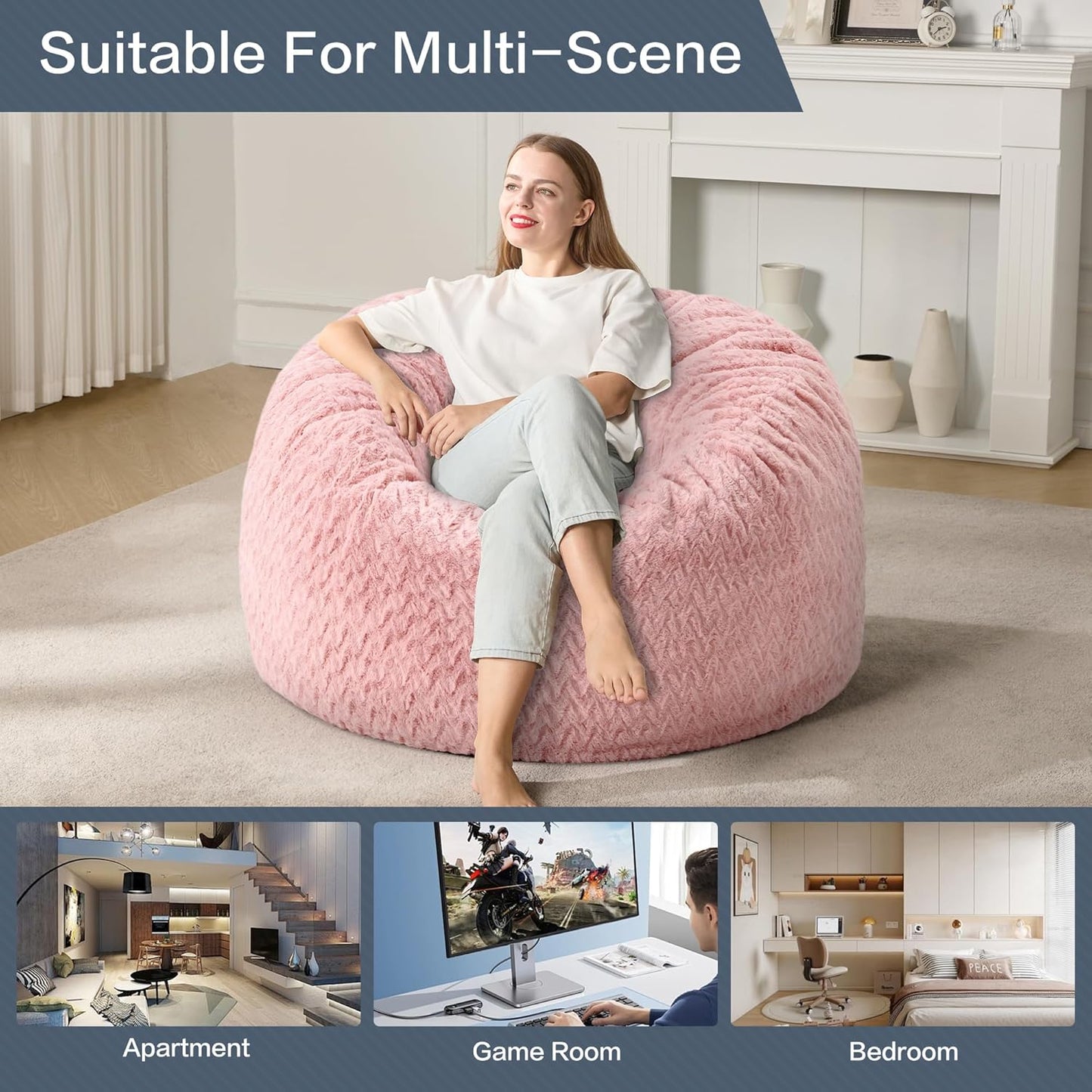 3ft Bean Bag Chairs for Adults Large Beanbag Chair with Chevron Plush Fur Cover Big Bean Bag Chair for Living Room Bedroom Dorm (Pink)