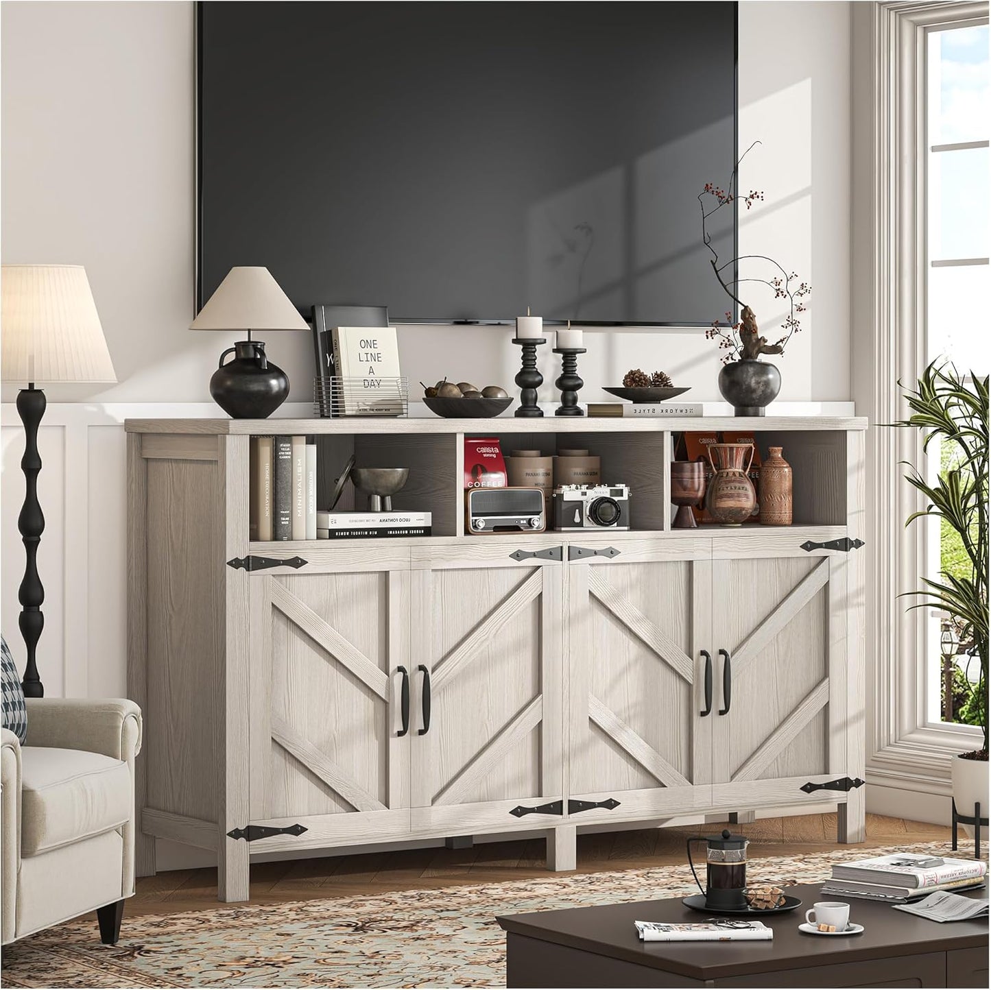 Buffet Cabinet with Storage Farmhouse with 4 Doors, 55'' Large Kitchen Storage Cabinet Wood Coffee Bar Buffet Sideboard for Kitchen, Dining Room, Entryway