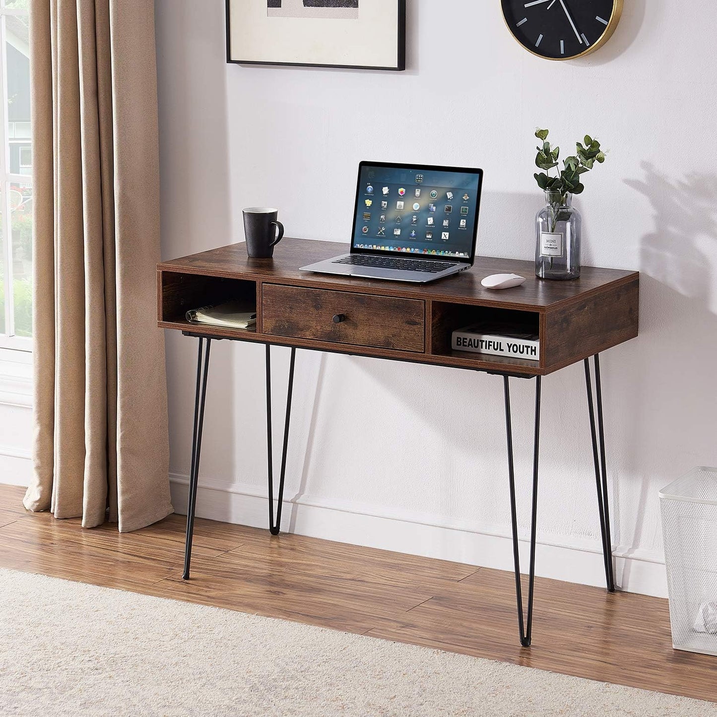 VECELO 39.3" Home Office Work Table with Drawers Computer Desk Writing/Study, 39 Inch Hairpin Legs, Retro Brown