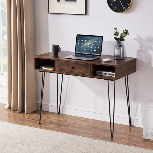 VECELO 39.3" Home Office Work Table with Drawers Computer Desk Writing/Study, 39 Inch Hairpin Legs, Retro Brown