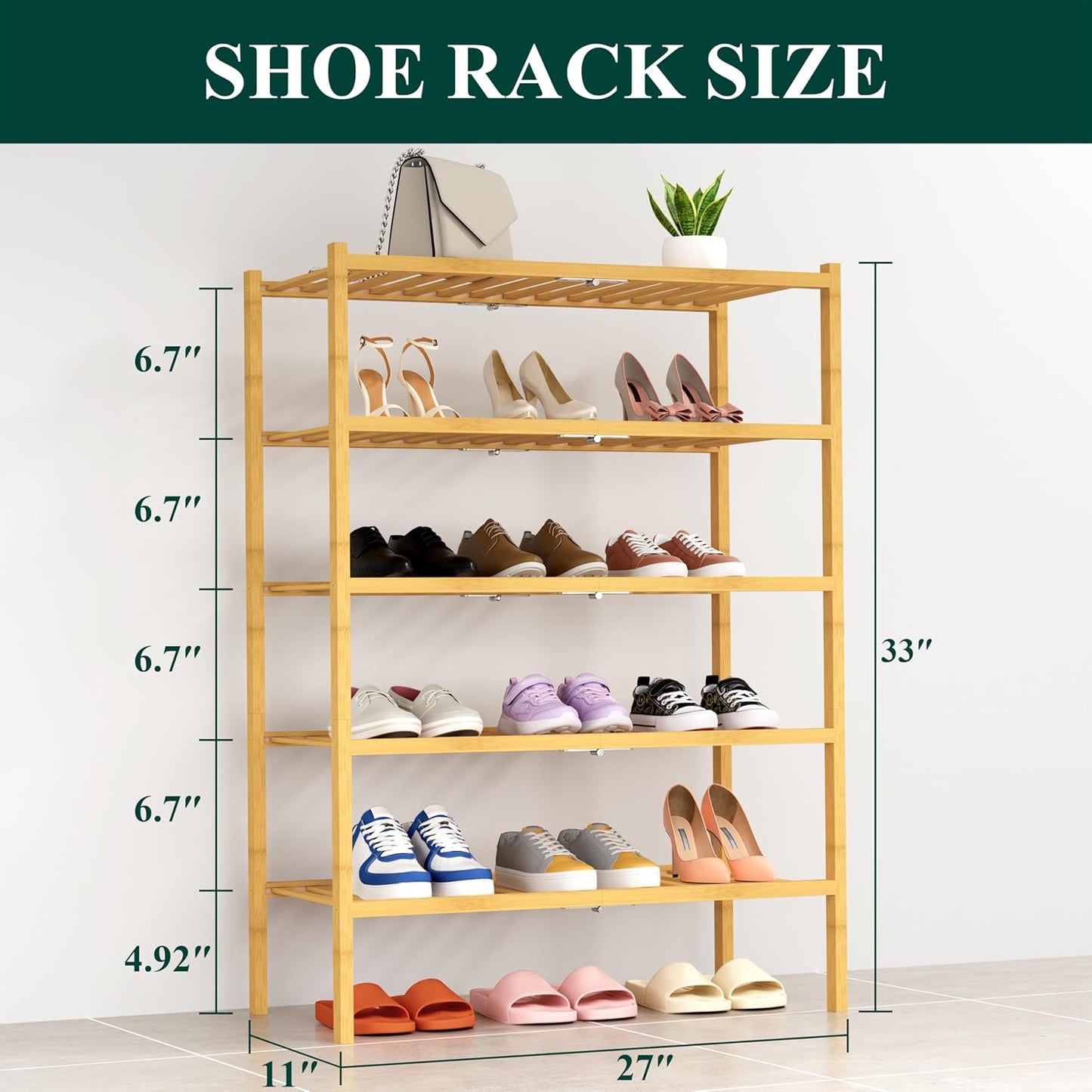 Smiry Shoe Rack, 5 Tier Thick Bamboo Shoe Organizer, Stackable Free Standing Wooden Shoe Storage Shelf for Closet, Entryway, Front Door Entrance, Natural