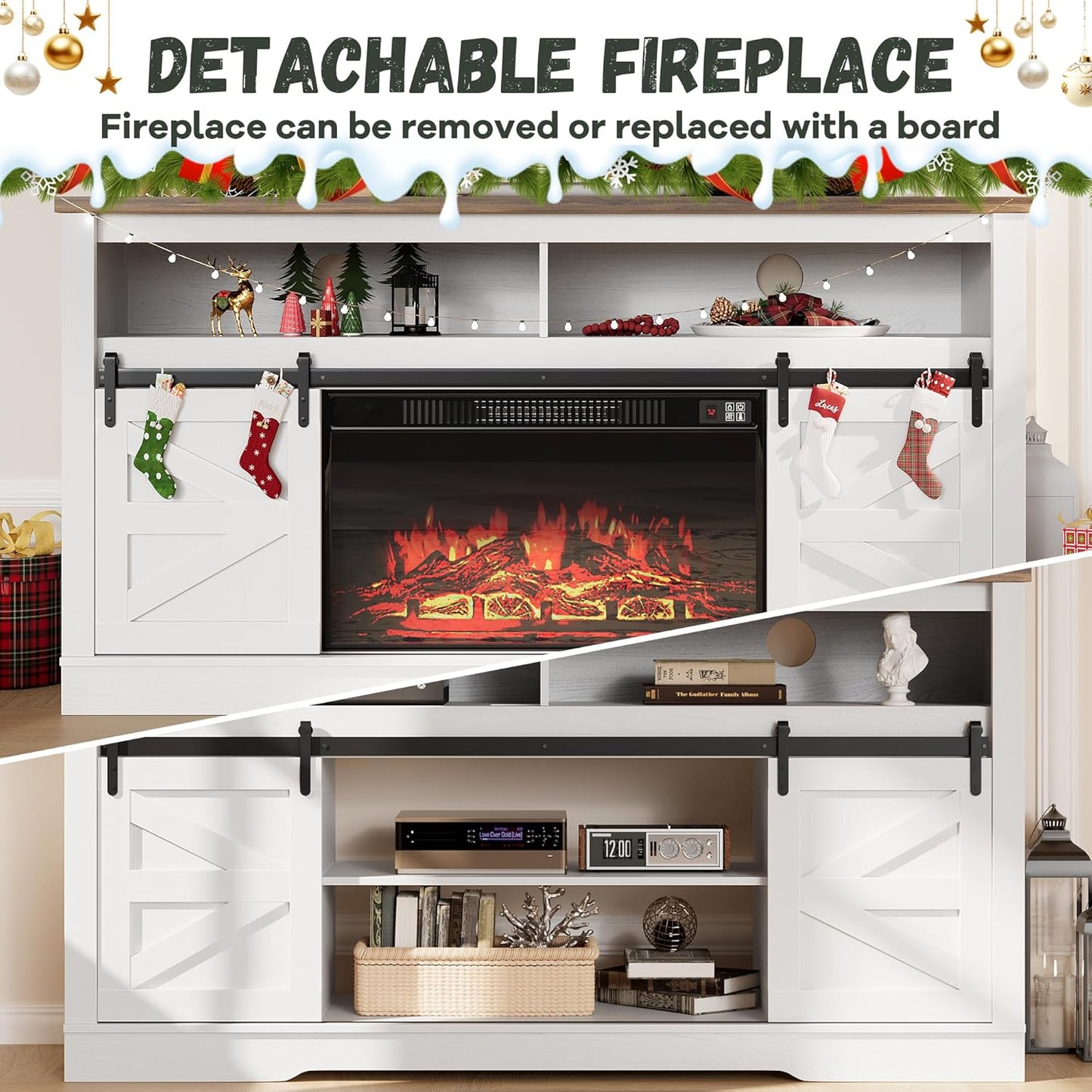 YESHOMY Fireplace TV Stand for Television up to 65+ Inch with Storage and Farmhouse Sliding Barn Doors, Entertainment Center with Cabinet and Shelves, Media Console for Living Room, White