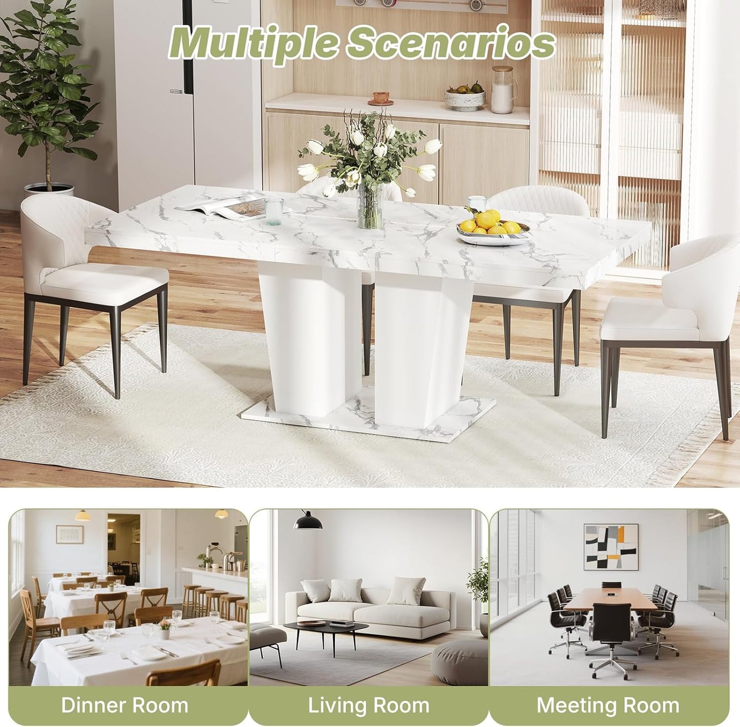 63"-78.7" Expandable Dining Table, 6-10 Farmhouse Kitchen Table, Extendable Console Table, Wooden Farmhouse Kitchen Table with Metal Track & Dual Column Base for Dining Room, Office-White