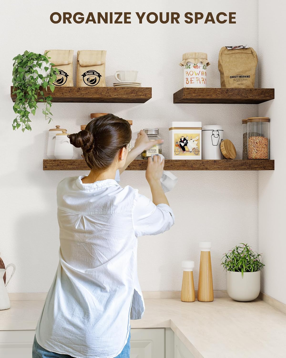Marsmiles 30" Floating Shelves for Wall, Wooden Shelves with Invisible Brackets Set of 2, Rustic Farmhouse Wall Mounted Shelf for Kitchen Bathroom Living Room Study, Rustic Brown