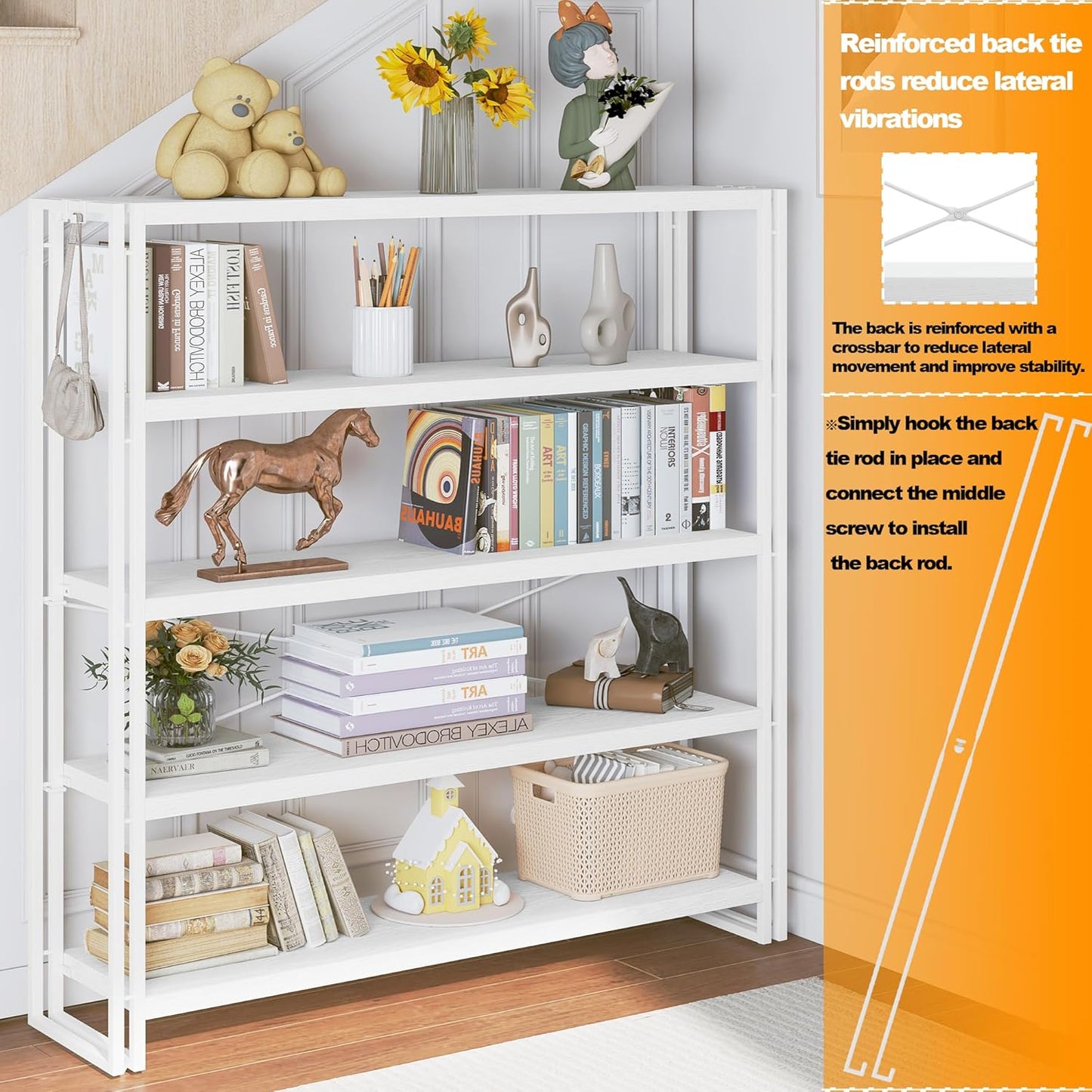 HCHQHS Bookshelf, 5-Tier Industrial Bookcase, White Open Book Shelf, Freestanding Tall Bookshelves with Metal Frame