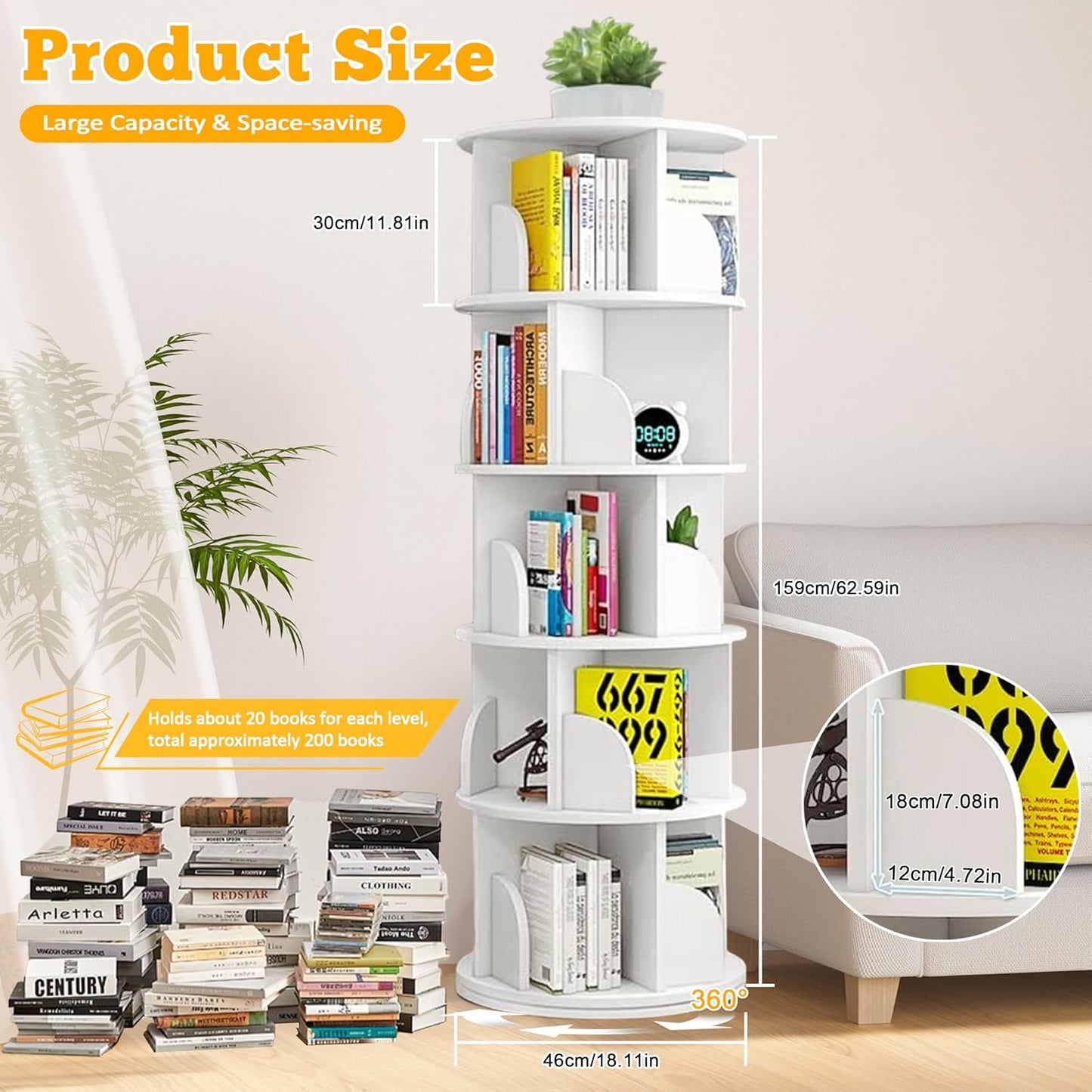 5 Tier Rotating Bookshelf Tower, 360 Display Wood Spinning Bookshelf Tower Revolving Bookcase, 360 Book Shelf Storage Round Carousel, Vertical Rotate Turning Spiral Corner Organizer for Bedroom, White
