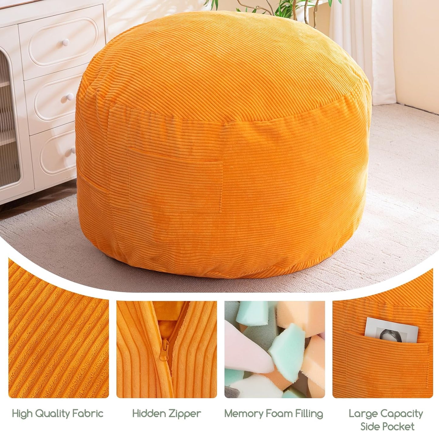 Giant Bean Bag Chair Bed for Adults,Convertible Beanbag Folds from Lazy Chair to Floor Mattress Bed,Large Floor Sofa Couch for Adult,Couples,Family,High-Density Foam Filling, Machine Washable, Orange