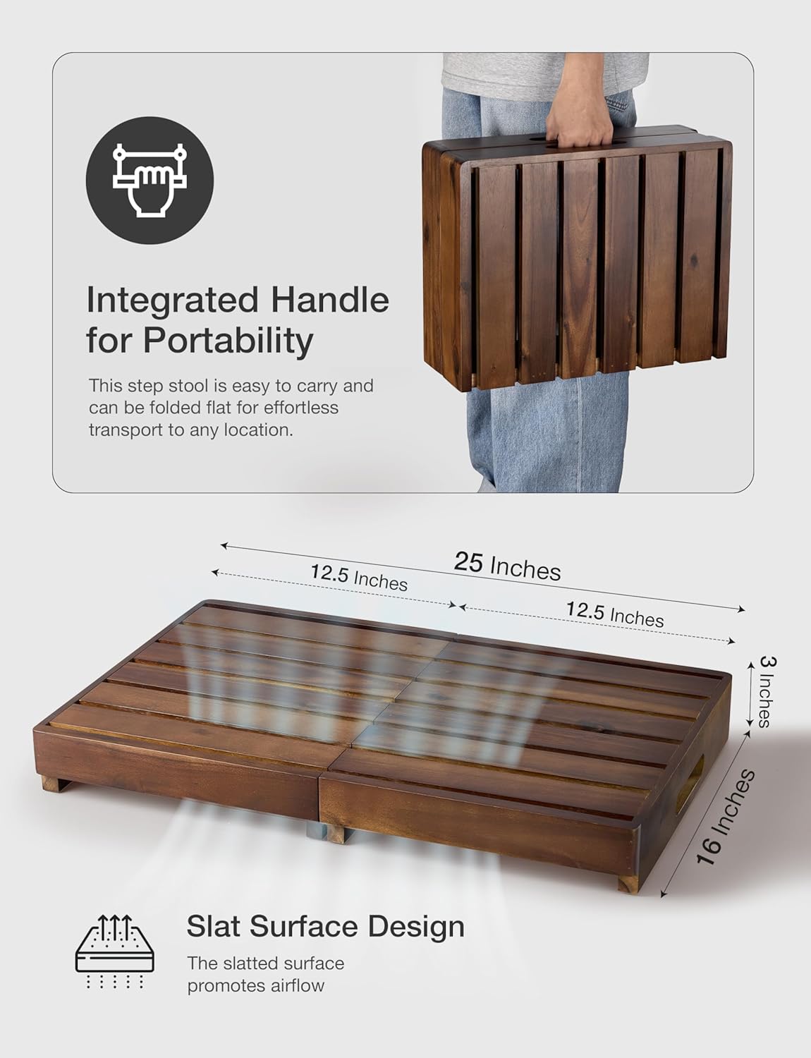 HOLANA 25in Wood Step Stool for Adults - Foldable Stepping Stool for Adults, Half Steps for Seniors - Acacia Wood Platform, Mobility Step - Wooden Platform 400 Lbs, Integrated Handles (Walnut Color)