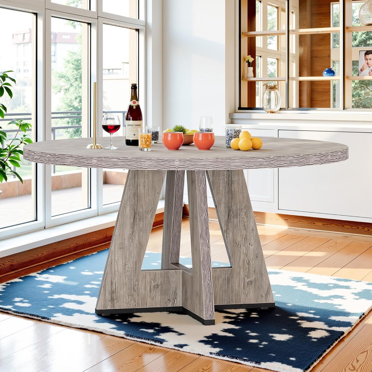 NicBex 47-Inch Round Dining Table for 4, Farmhouse Dinner Table Small Farmhouse Kitchen Tables with Wood Pedestal Base for Dining Room, Kitchen, Living Room, Gray