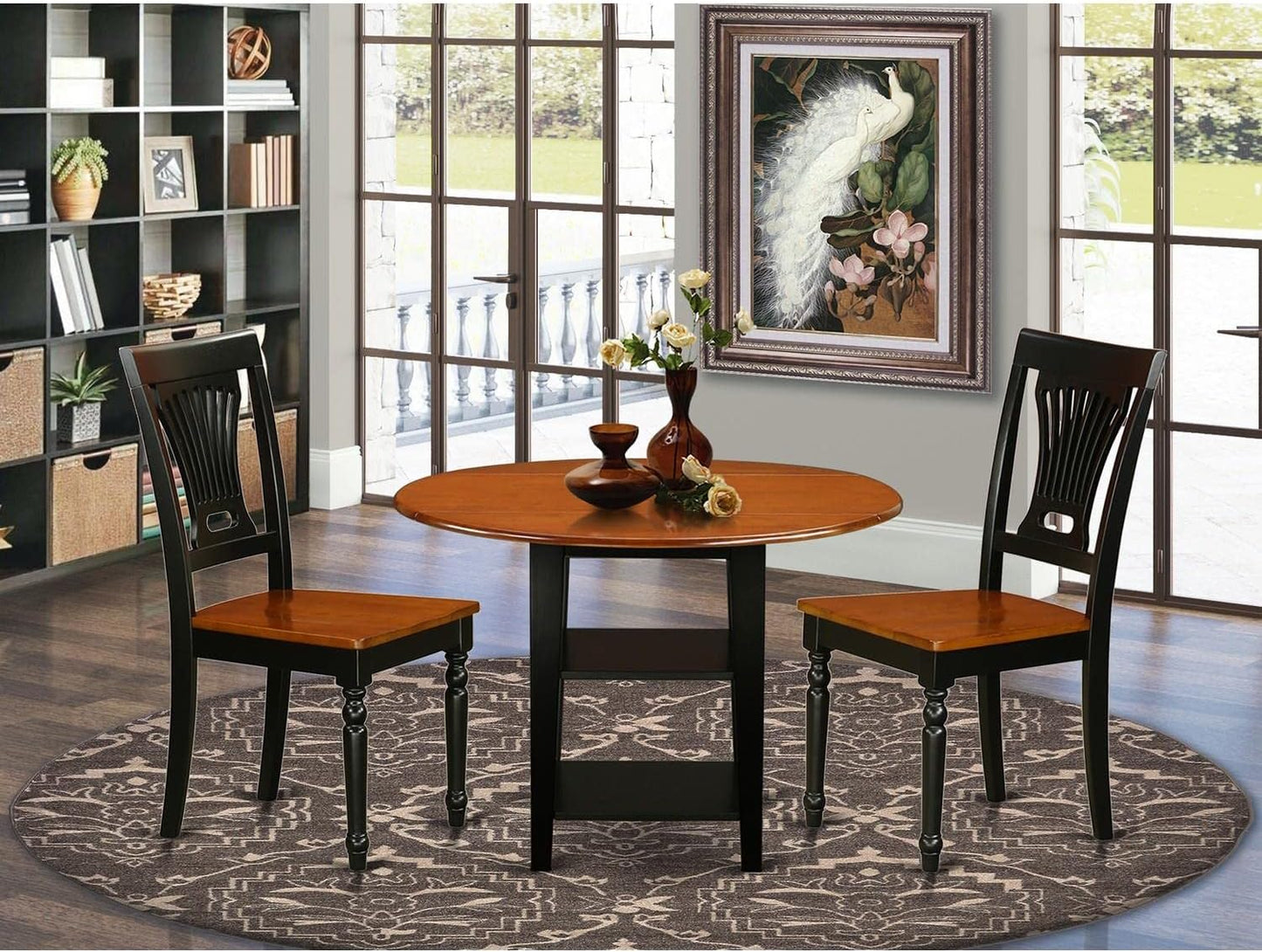 East West Furniture SUPL3-BCH-W 3 Piece Dining Set Contains a Round Dining Room Table with Dropleaf & Shelves and 2 Kitchen Chairs, 42x42 Inch, Black & Cherry