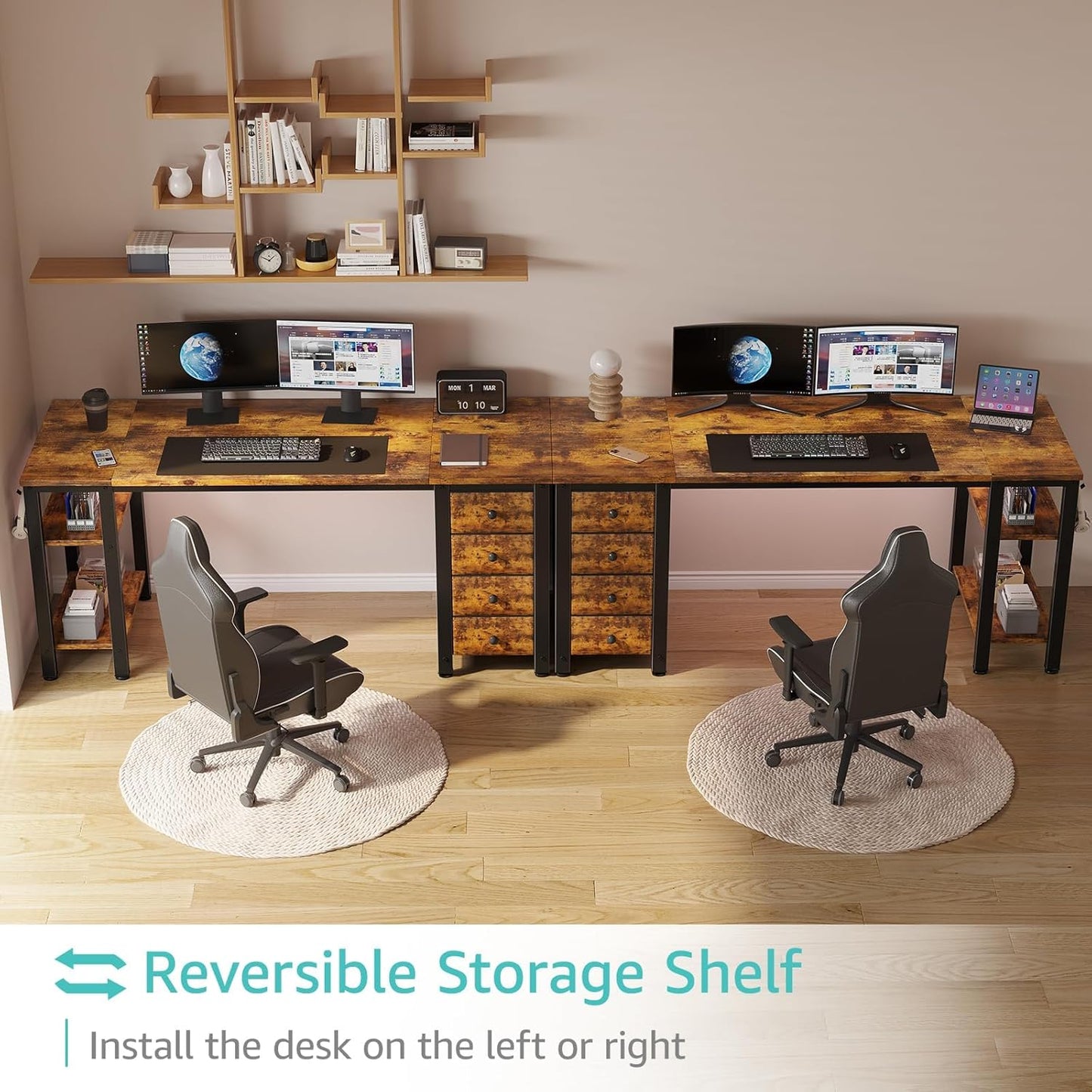 Lufeiya 55 inch Computer Desk with 4 Fabric Drawers & Storage Shelves, Writing Work Study Desk for Home Office Bedroom, Modern Simple Student PC Desks Table, Rustic Brown