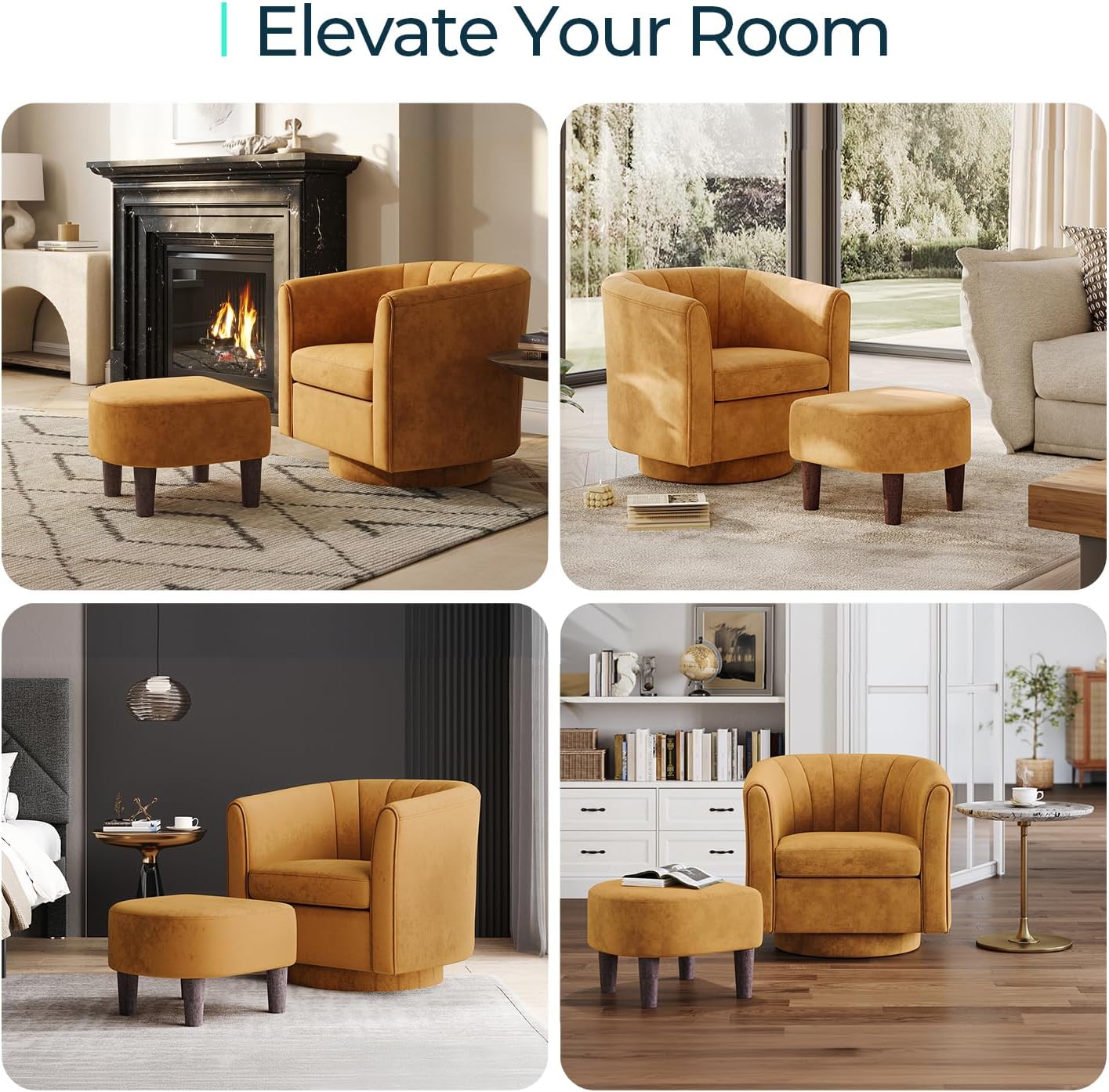 LINSY Swivel Accent Chair with Ottoman: Small Velvet Barrel Chair 360 Swivel Modern Armchair, Upholstered Reading Chair with Footrest for Living Room Bedroom Study Room (Yellow)