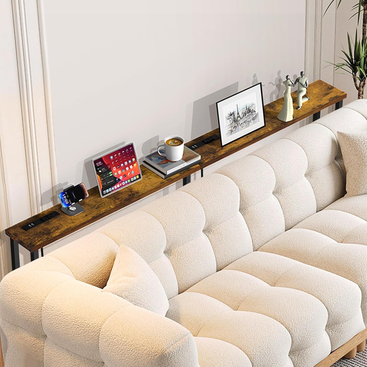 GRLEAF 90" Sofa Table with Built-in Power Strip (4 AC Outlets & 4 USB Ports) – 4.9ft Power Cord, Metal Frame, Easy Assembly, Long Couch Table Behind Sofa, Living Room and Home Office | Rustic Brown