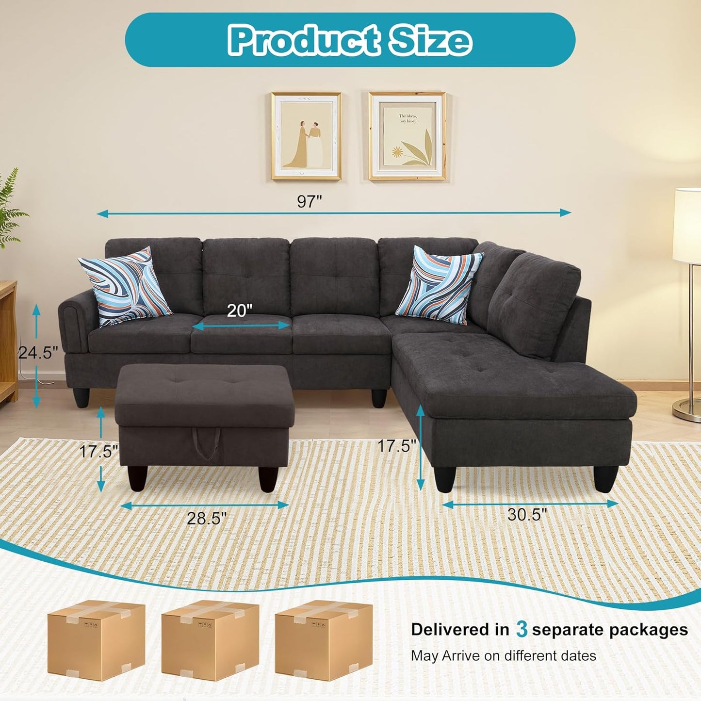 Couches for Living Room Modern L Shaped Couch Comfy Fluffy Fabric 3 Pieces Sectional Sofa with Chaise, Ottoman with Storage for Office and Small Apartment, Dark Brown