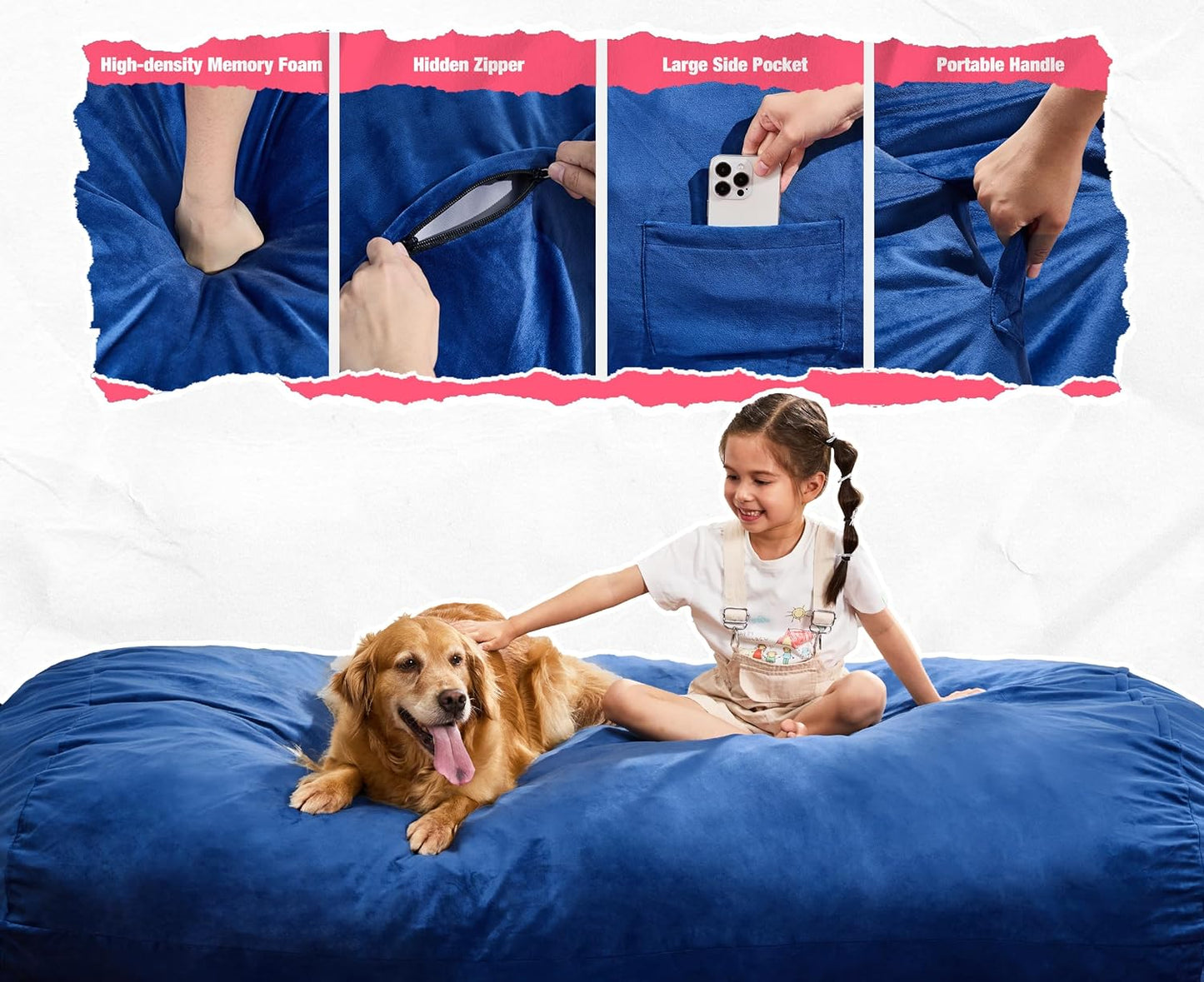 Hobestluk 6FT Bean Bag Chair Large Beanbag Lounger with Removable Cover Adult Bean Bag Chair with Portable Handle Desgin for Living Room Bedroom (Blue, 6FT)