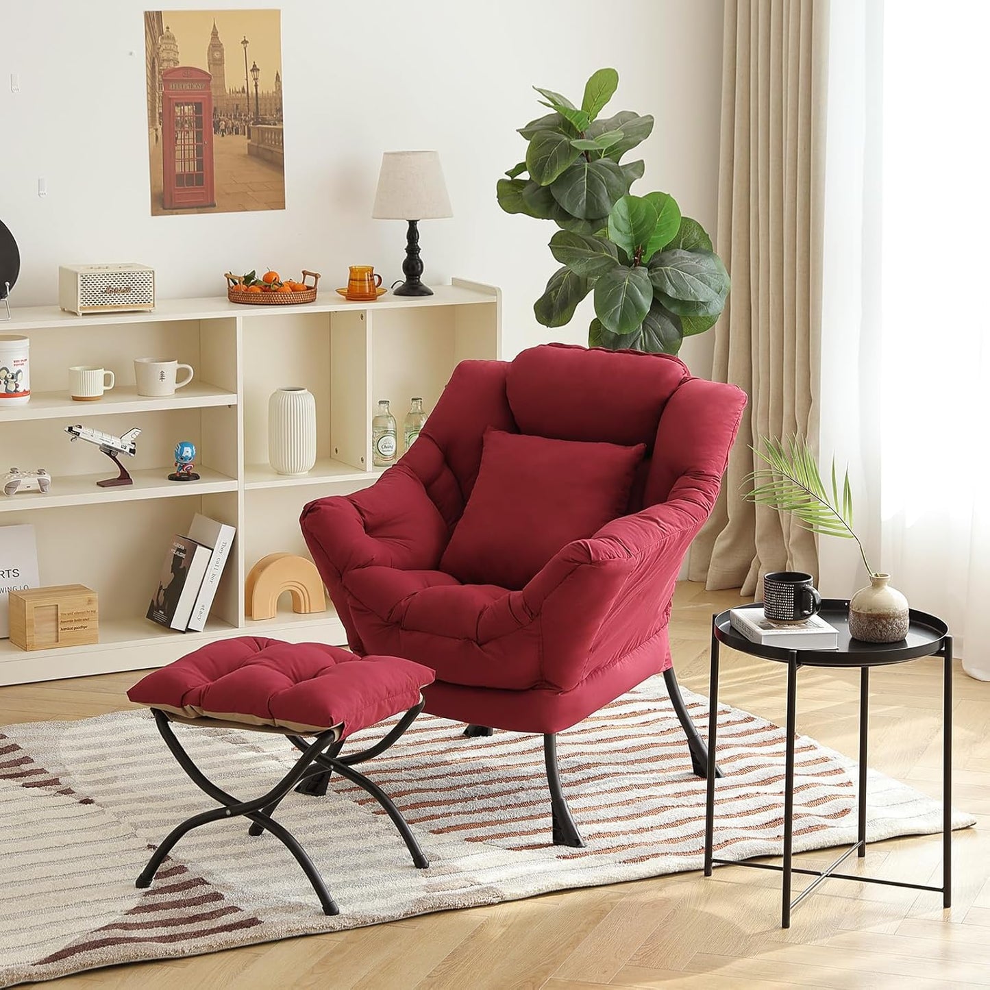 Lazy Chair with Ottoman, Comfy Reading Lounge Chair with Footstool & Throw Pillow Modern with Armrests & Side Pocket for Living Room, Bedroom, Dorm Room, Burgundy
